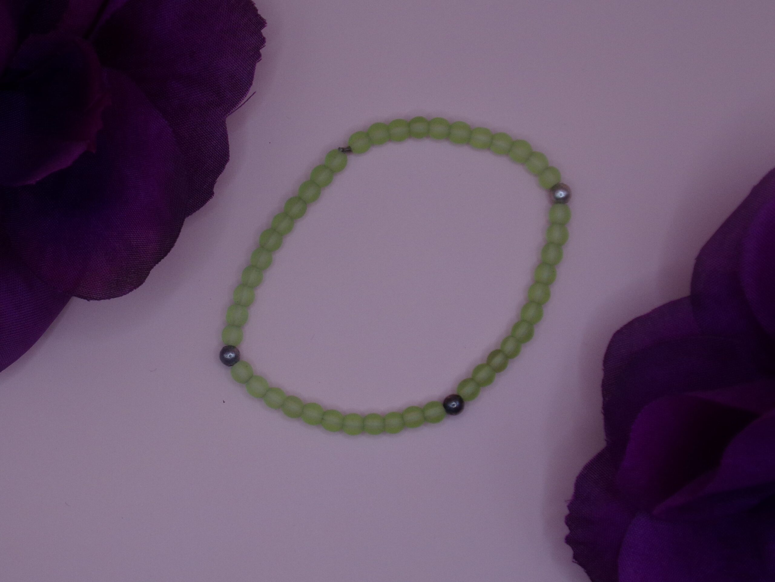 Green Sea Glass and Silver Bead Bracelet