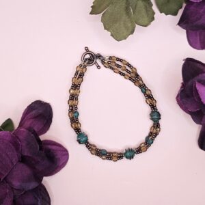 Tri Stand Green and Copper Glass Bead Bracelet