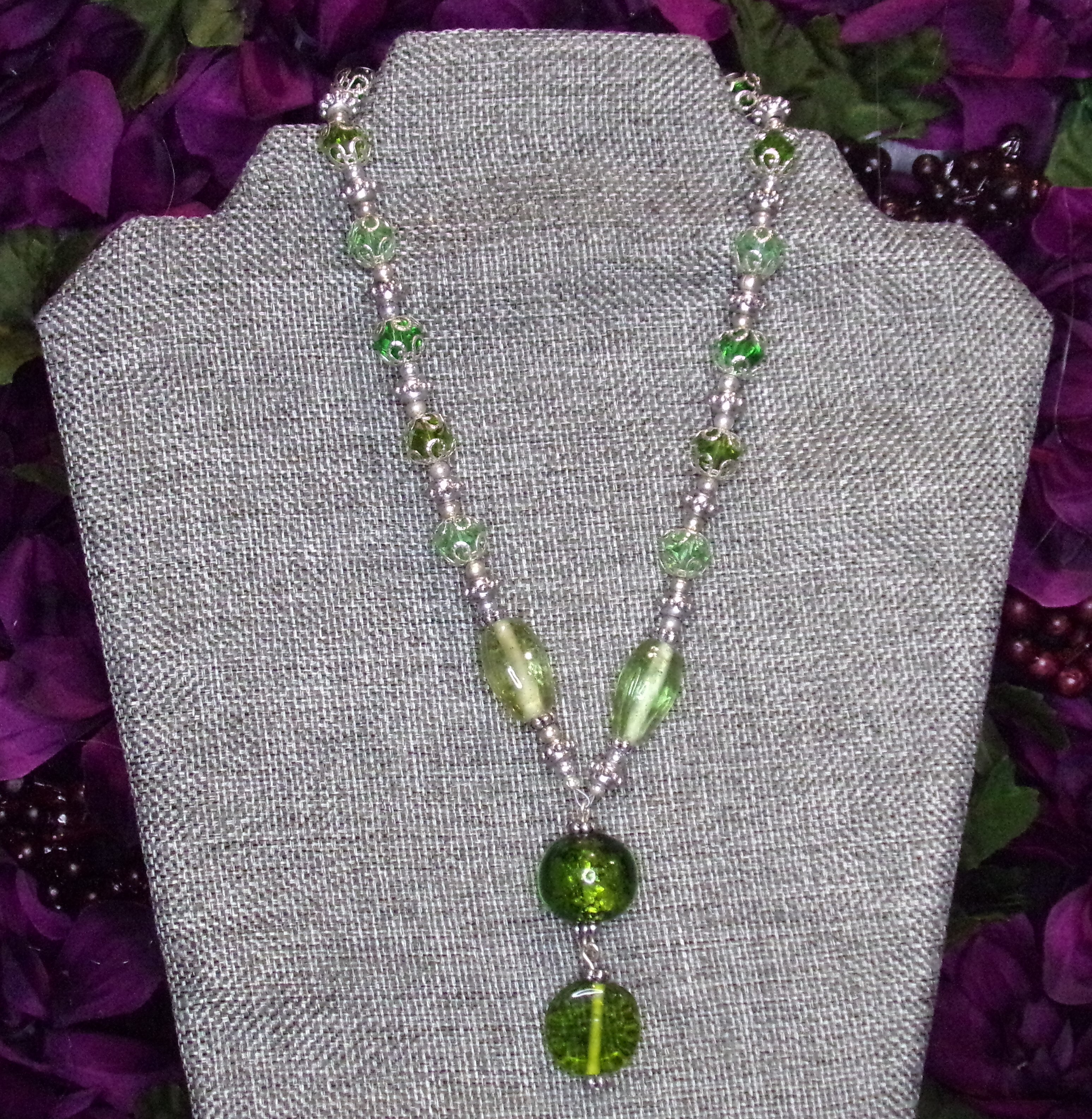 Green Glass and Silver Bead Necklace