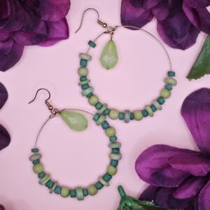 Circle Green Crystal and Wood Drop Earrings